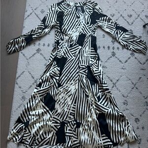 Maria+ Comejo Black and White Silk Abstract Asymmetrical Dress